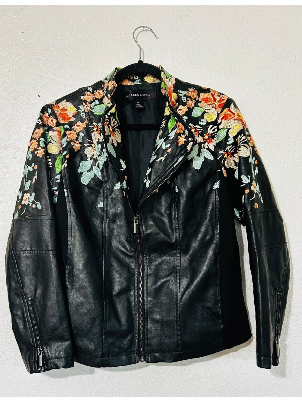 Colleen Lopez Embroidered Moto Jacket Black Faux Leather Floral Women Medium M
